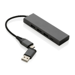 Recycled plastic USB hub with 4 ports: 3 USB, 1 type C dark grey colour