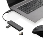 Recycled plastic USB hub with 4 ports: 3 USB, 1 type C dark grey colour