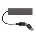 Recycled plastic USB hub with 4 ports: 3 USB, 1 type C dark grey colour