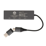 Recycled plastic USB hub with 4 ports: 3 USB, 1 type C dark grey colour