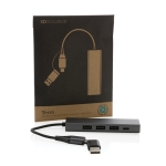 Recycled plastic USB hub with 4 ports: 3 USB, 1 type C dark grey colour