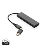 Recycled plastic USB hub with 4 ports: 3 USB, 1 type C dark grey colour