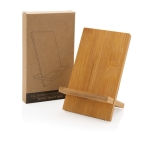 Bamboo phone stand with cable hole, FSC certified wood colour