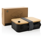 Certified recycled PP lunchbox with fork black colour