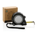 Promotional tape measure with wrist strap, 5 m / 19 mm black colour