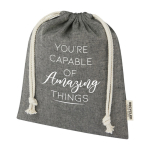 Medium recycled cotton GRS bag with drawstring closure, 150 g/m² black colour screen printing view
