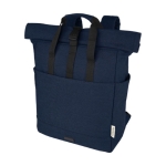 Recycled cotton laptop backpack with roll-top, 15'' navy-blue colour