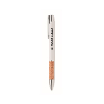 Retractable ballpoint pen with cork details and blue ink white colour view with print area