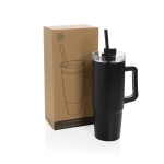 Recycled plastic thermal cup with 3-position lid, 900 ml black colour