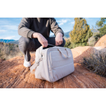 RPET travel bag with large compartment and trolley strap beige colour ambient view 3