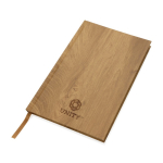 Hardcover notebook with wood grain print, A5, ruled pages brown colour view with logo