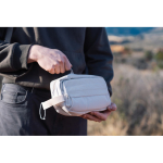 Elongated RPET toiletry bag with two pockets and handle beige colour ambient view 2