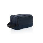 Elongated RPET toiletry bag with two pockets and handle navy-blue colour