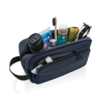 Elongated RPET toiletry bag with two pockets and handle navy-blue colour