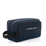 Elongated RPET toiletry bag with two pockets and handle navy-blue colour