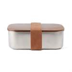 Recycled stainless steel lunchbox with wooden lid and strap silver colour
