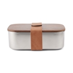 Recycled stainless steel lunchbox with wooden lid and strap silver colour