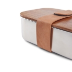 Recycled stainless steel lunchbox with wooden lid and strap silver colour
