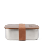 Recycled stainless steel lunchbox with wooden lid and strap silver colour