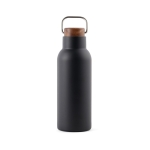 Recycled stainless steel bottle with wooden lid and handle, 580 ml black colour