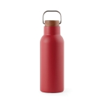 Recycled stainless steel bottle with wooden lid and handle, 580 ml red colour