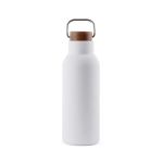 Recycled stainless steel bottle with wooden lid and handle, 580 ml white colour