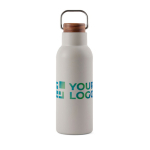 Recycled stainless steel bottle with wooden lid and handle, 580 ml grey colour