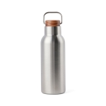 Recycled stainless steel bottle with wooden lid and handle, 580 ml silver colour