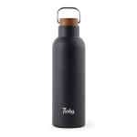 Recycled stainless steel bottle with wooden lid and handle, 800 ml black colour view with logo