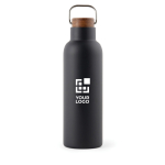 Recycled stainless steel bottle with wooden lid and handle, 800 ml black colour printing view