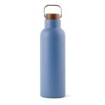 Recycled stainless steel bottle with wooden lid and handle, 800 ml blue colour