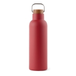 Recycled stainless steel bottle with wooden lid and handle, 800 ml red colour