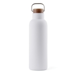 Recycled stainless steel bottle with wooden lid and handle, 800 ml white colour