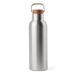 Recycled stainless steel bottle with wooden lid and handle, 800 ml silver colour