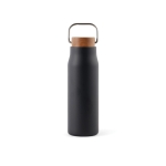 Recycled stainless steel bottle with wooden lid and handle, 300 ml black colour