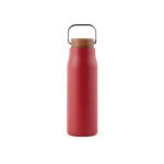 Recycled stainless steel bottle with wooden lid and handle, 300 ml red colour