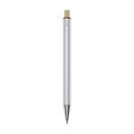 Recycled aluminium pen with bamboo push-button, blue ink silver colour