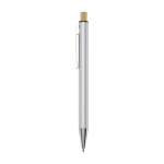 Recycled aluminium pen with bamboo push-button, black ink silver colour side view