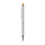 Recycled aluminium pen with bamboo push-button, black ink silver colour printed logo view 2