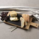 Bamboo chopping board with large handle and decorative chalkboard natural colour ambient view