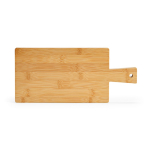 Bamboo chopping board with large handle and decorative chalkboard natural colour rear view
