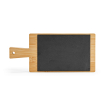 Bamboo chopping board with large handle and decorative chalkboard natural colour front view