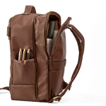 Elegant recycled leather backpack with expandable pocket for 17'' laptop dark brown colour second detail view