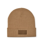 Wool and RPET hat with patch camel colour front view