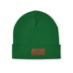 Wool and RPET hat with patch dark green colour front view