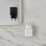 Recycled plastic wall charger with USB-A and USB-C ports 20W black colour ambient view
