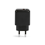 Recycled plastic wall charger with USB-A and USB-C ports 20W black colour rear view