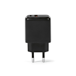 Recycled plastic wall charger with USB-A and USB-C ports 20W black colour front view