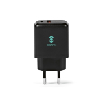Recycled plastic wall charger with USB-A and USB-C ports 20W black colour