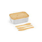 Recycled steel lunch box with bamboo lid and cutlery 490ml silver colour fifth view